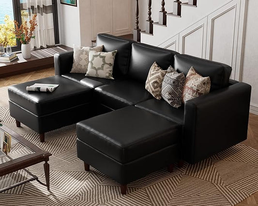 ABCASA Faux Leather U Shaped Modular Sectional Sofa 91.5 5 Seater Couch with Movable Ottoman Deep Seat and Storage Seat with Removable Cover for Living Room Apartment - Black