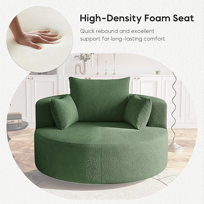 Oversized 360° Swivel Barrel Chair for Living Room Modern Comfy 56.3'' Round Boucle Reading Accent Chair with Extra Wide &amp Deep Seat Overstuffed Cushions Easy Assembly Vanilla Green