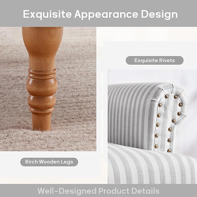 HUIMO Linen Fabric Accent Chairs Set of 2 Mid-Century Modern Armchair with Solid Wood Legs Single Sofa ChairUpholstered Reading Club Chair (2 Light Grey and White Stripe)