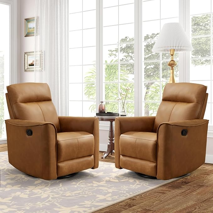 CANMOV Swivel Rocker Recliner Set of 2 Glider Rocking Chair Nursing Chairs Swivel Glider Recliners with Soft Backrest Leathaire Manual Reclining Sofa for Living Room Bedroom Apartment Brown