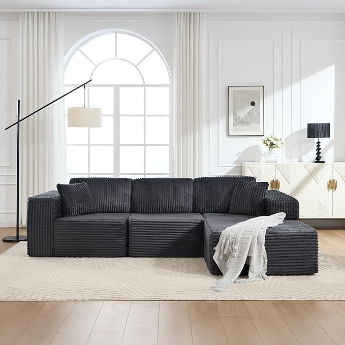 L-Shaped Boneless Modular Sectional Sofa 107 Modern Corduroy Upholstery Couch with Chaise for Living Room 3-Seater Cloud Couches with Deep Seat No Assembly Right Facing Chaise Dark Grey