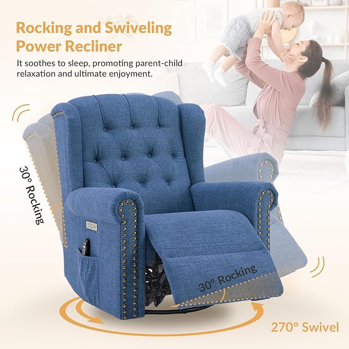 Power Swivel Rocking Glider Recliner Chair Electric Nursery Reclining Sofa Chair with Heat and Massage Wingback Tufted Upholstered Recliner for Living Rooms USB and Type-C Port Blue