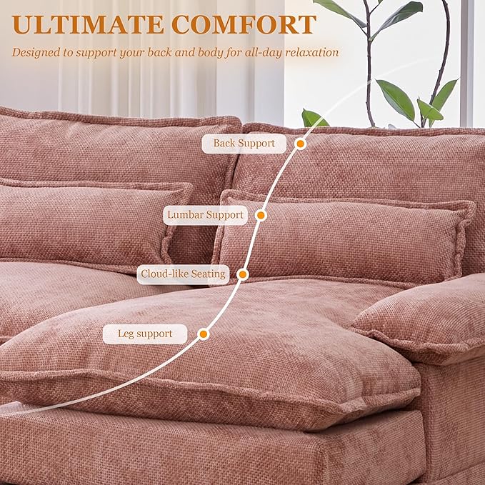 126 Modular Sectional Sofa with Storage Console Cloud Couch Chenille U-Shaped Sofa Cup Holders &amp Wireless Charger Memory Foam Double Chaise for Living Room Office Pink