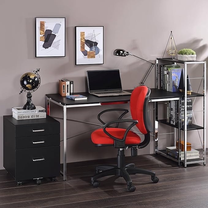 Black and Chrome Writing Work Study Desk with Sled Base Four-Tier Shelf Bookcase for Study and Home Office