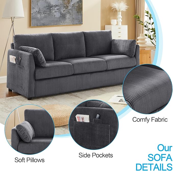 79 L Shaped Couch with Storage Ottoman 3 Seater Corduroy Sofa with 2 Pillows and Storage Pockets Convertible Small Couches for Living Room Apartment Small Spaces Home Office Grey