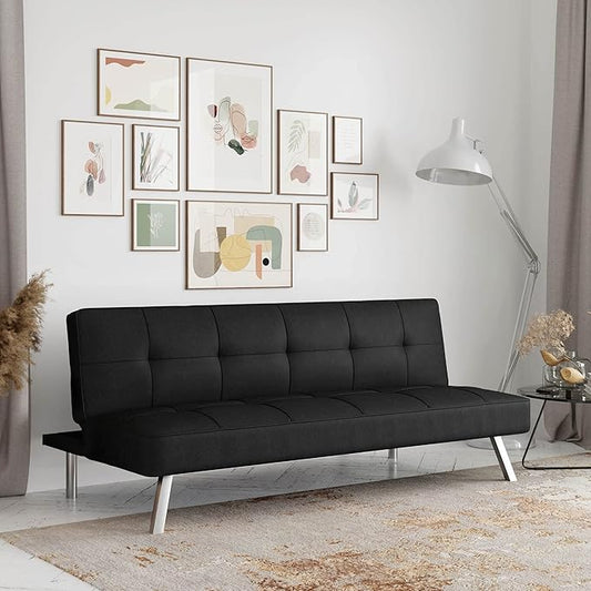 Serta® Rane 66.1 Convertible Futon Sofa Short Twin Size Modern Transitional Tufted Back and Seat Cushion Dream Coil® Comfort Fingerguard® Pinch Point Protection Woven Fabric Black