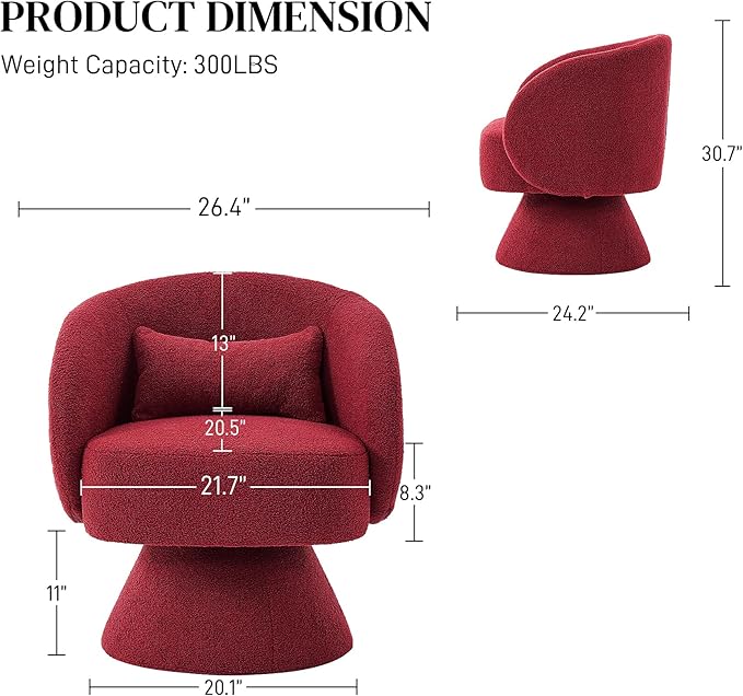 Swivel Barrel Chair Set of 2 Upholstered Swivel Cuddle Accent Chairs for Living Room Comfy 360°Small Round Boucle Sherpa Barrel Armchair for Bedroom Nursery (Red Teddy)