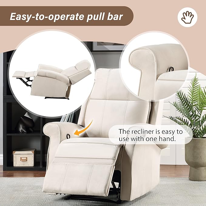 Generic Oversize Modern Upholstered Lounge Single Sofa Manul Recliner Chair with Soft Durable Fabric and Overstuffed Armrests with Tall Neck Support for Living Room Beige