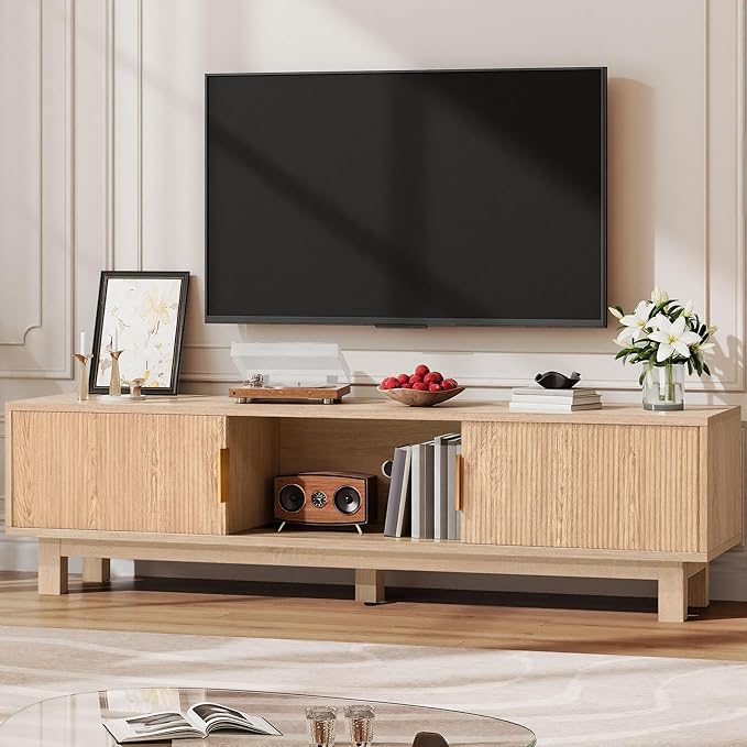 YITAHOME Fluted TV Stands for TVs up to 65 Inches Entertainment Center with Power Outlets &amp Storage Compartments 59 Long Wooden TV Console for Living Room (Natural 59)