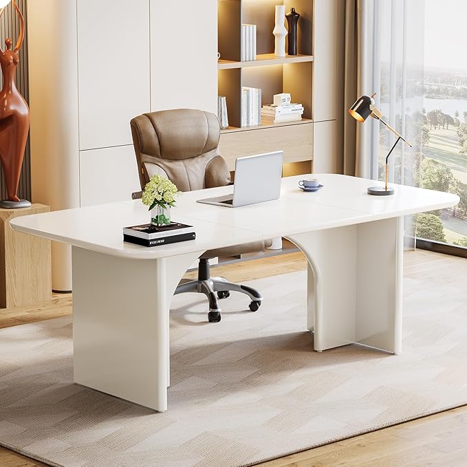Tribesigns Modern White Desk Large Minimalist Executive Office Computer Desk Writing Study Makeup Vanity Table Workstation with Arch Design Legs 63 x 31.5 inch