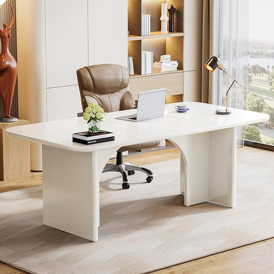 Tribesigns Modern White Desk Large Minimalist Executive Office Computer Desk Writing Study Makeup Vanity Table Workstation with Arch Design Legs 63 x 31.5 inch