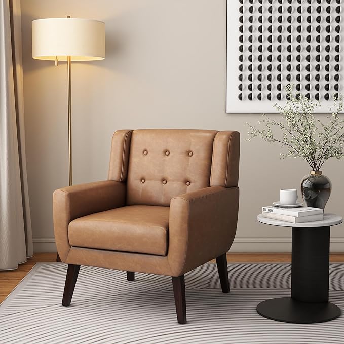 Accent Chair Mid-Century Modern PU Leather Chairs with Arms for Living Room Comfy Upholstered Club Single Sofa Armchair for Bedroom Waiting Room with Solid Wood Frame（Leather Brown Set of 1)