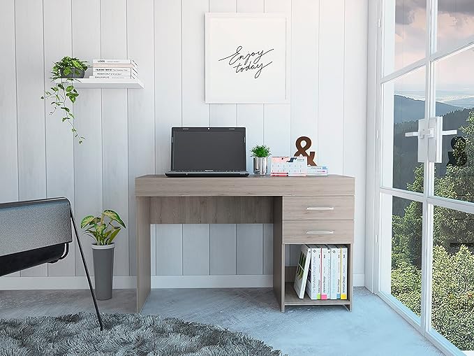 Open Shelf Computer Desk Light Grey - Spacious 2-Drawer Office Desk for Home Study - Modern Design with Ample Storage