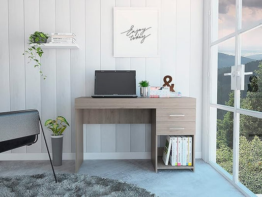 Open Shelf Computer Desk Light Grey - Spacious 2-Drawer Office Desk for Home Study - Modern Design with Ample Storage