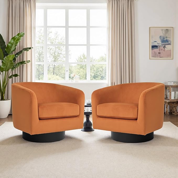 Swivel Barrel Accent Chair Modern 360° Swivel Round Barrel Chairs with Curve Back Upholstered Velvet Fabric Armchair Single Sofa Club Chair for Living Room Bedroom Orange