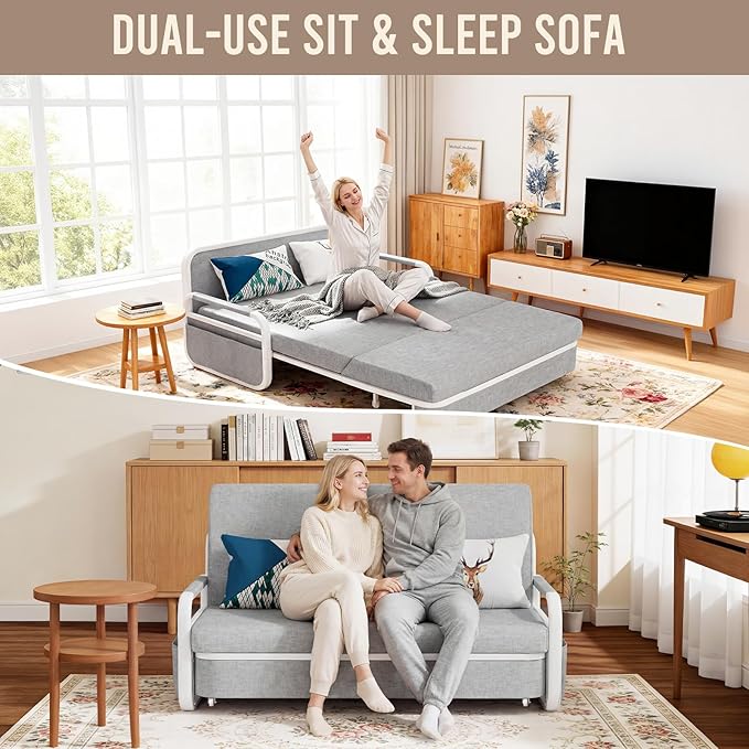 62 Pull Out Sofa Bed 3 in 1 Convertible Sleeper Sofa Full Size Loveseat Couch Bed with Storage Trundle and 2 Pillows for Living Room Bedroom Dorm Office RV (Stone Gray-809)