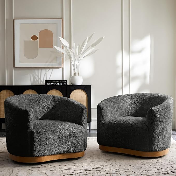 HULALA HOME Chenille Swivel Accent Chairs Set of 2 Fully Assembled Comfy Upholstery Barrel Armchair with Sturdy Solid Wood Base Black