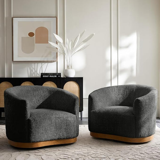 HULALA HOME Chenille Swivel Accent Chairs Set of 2 Fully Assembled Comfy Upholstery Barrel Armchair with Sturdy Solid Wood Base Black