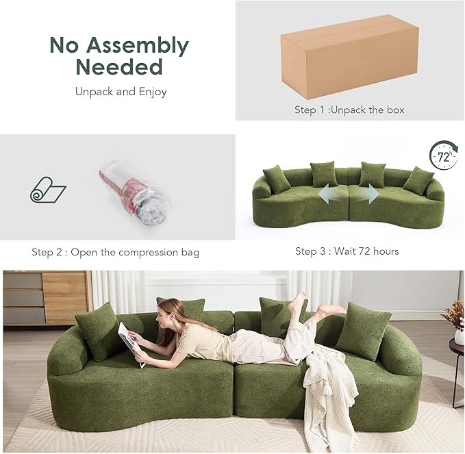 Modern Curved Boneless Sofa 110 Compression Modular Chenille High-Density Sponge Sectional Couch with 4 Seats No Assembly Required Lounge Sleeper Sofa for Living Room Apartment (Green)