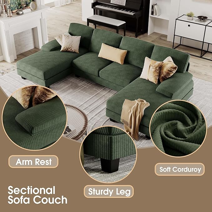 Furmax Sectional Couches for Living Room U-Shaped Sofa Couch with Linen Fabric 4 Seat Sofa Set with Double Chaise for Apartment (Corduroy Dark Green)