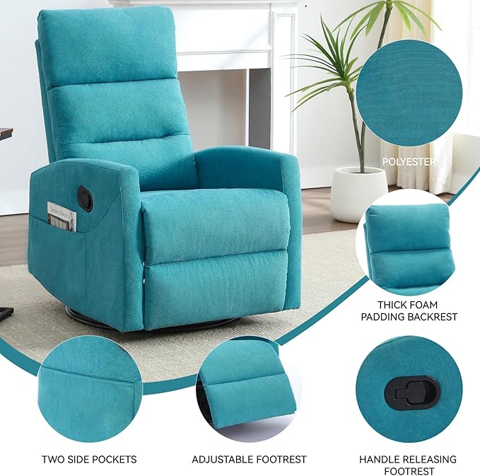 Swivel Rocking Recliner Chair Upholstered Glider Rocker with Adjustable Backrest and Footrest Modern Rocking Chair for Adults with 2 Pockets for Nursery Lounge Bedroom Living Room (Blue)