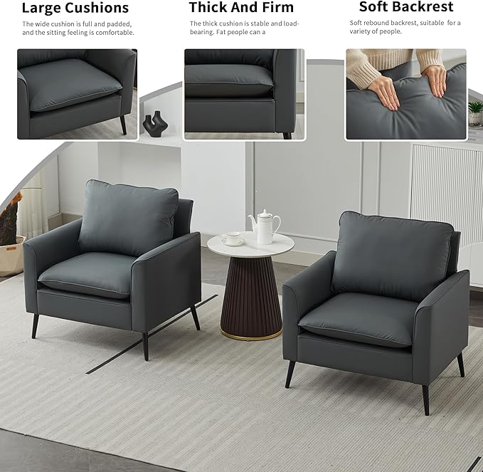 YITAI Modern Accent Living Room ChairsFaux Leather Oversized Single Sofa Chair with Metal Legs Mid Century Comfy Armchair for Bedroom/Office Reading/Lounge/Office/Reception2PCGray