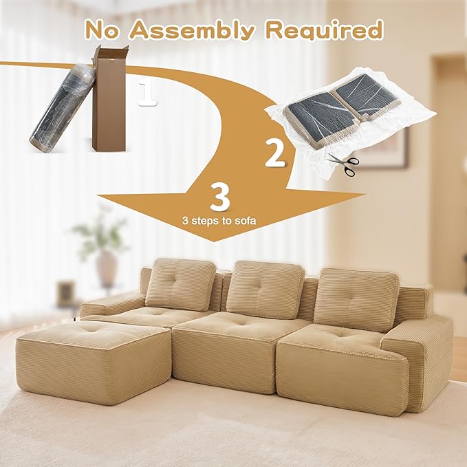 117'' Boneless Couch Modular Sectional Sofa Modern L Shaped Sectional Couches for Living Room with Deep Seat and Ottoman Comfy Corduroy Cloud Couch Oversized 3-Seater Sleeper Sofa Camel