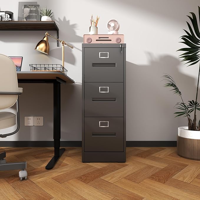 3 Drawer Small File Cabinet with Lock - Under Desk Storage Metal Vertical Filing Cabinets Organizer for Home OfficeAssembly RequiredBlack