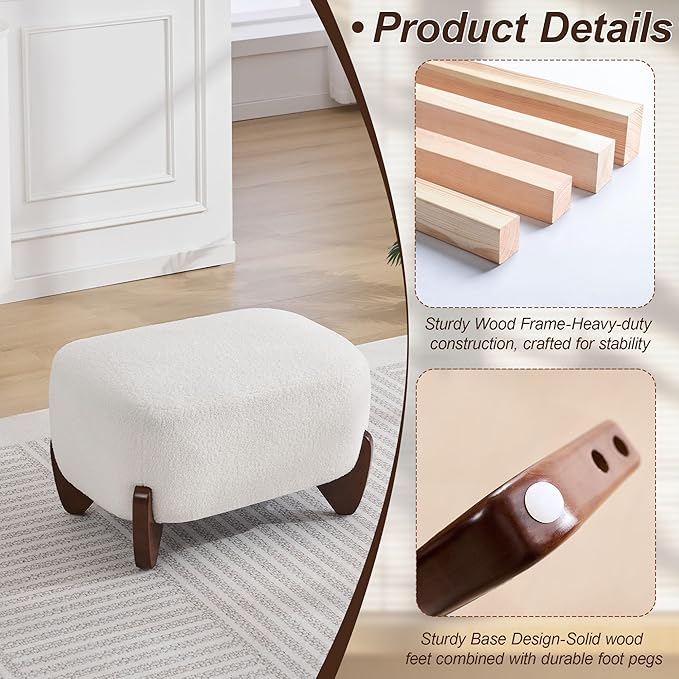 28.7 Sherpa Boucle Ottoman with Solid Wood Legs Modern Upholstered Footstool Comfy Ottoman for Living Room Bedroom White