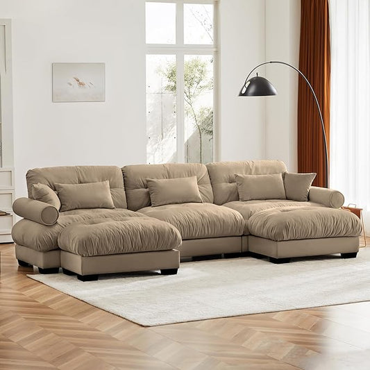 Oversized Modular Velvet Sectional Cloud Sofa Couch with Movable OttomanCorner Sofa with Comfortable Armrests Deep Seat Convertible L or U Shaped Couch (Camel 3 Seat+ 2 Ottomans)