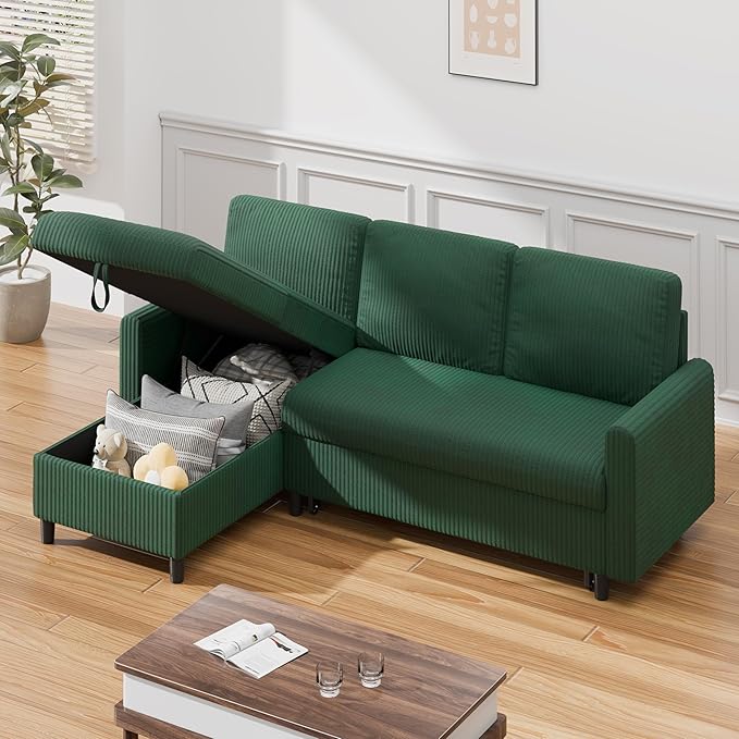 Sofa Bed Sleeper Pull Out 2 in 1 Sectional Sleeper Sofa Couches with Storage Pullout Sectional Couches for Apartment Living RoomGreen