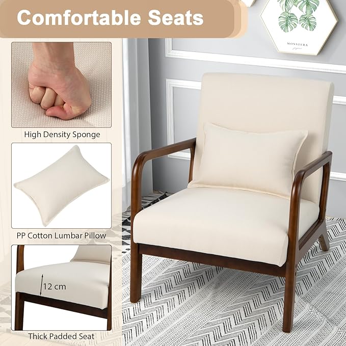 POWERSTONE Mid-Century Accent Chair Set of 2 - Upholstered Lounge Armchair with Pillow Solid Wood Legs Linen Fabric Modern Reading Leisure Chair for Living Room Bedroom Guest Room Beige