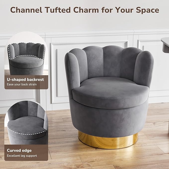 BELLEZE Swivel Accent Chair Velvet Modern Round Petal Swivel Barrel Chair 360° Upholstery Swivel Sofa Armchair Comfy Swivel Accent Chair for Living Room Bedroom - Lotus (Dark Grey)