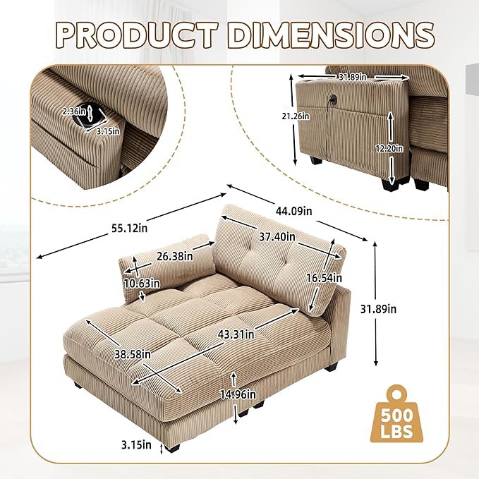 Oversized Lounge Chaise Convertible Sleeper Sofabed Corduroy Sleeper Daybed Indoor Recliner Chair Sofa Bed with Cupholders and Adjustable Headrests for Living Room Bedroom Reading Home Apartment
