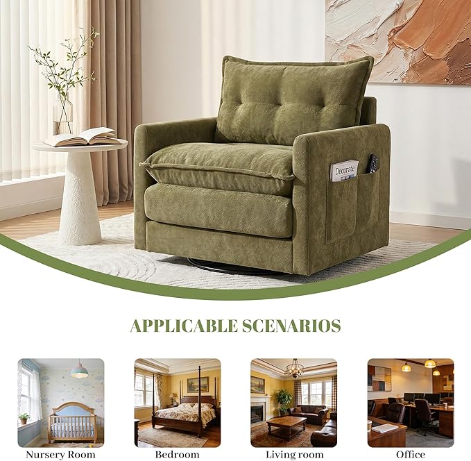 Square Swivel Chairs Set of 2Plush Chenille Upholstered Accent Club Chair with Arms360°Rotation Armchair for ReadingModern Single Cloud Sofa Chair for Living Room (2 Olive Green)