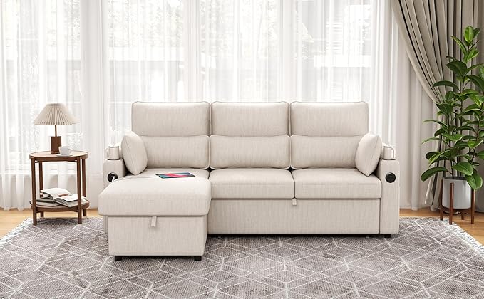 Sectional Sleeper Sofa with Pull Out Couch Bed with Storage Chaise for Living Room Comfy Linen Modular Sectional Sofa with Dual USB &amp Type-C Cup Holders (Beige 81 Inches)