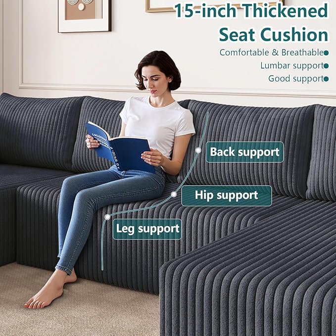 124 U-Shape Cloud Couch Modern Modular Sectional U-Shape Sofa Corduroy Upholstered Couches Deep Seat Sleeper Chaise Longue for Living Room No Assembly RequiredDark Gray