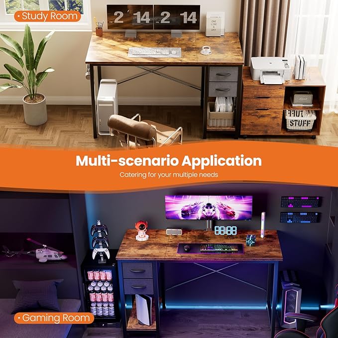 Sweetcrispy 40 Inch Computer Desk with Drawers for Home Office Writing Desk with X-Shaped Reinforcement Wood Table with Adjustable Position Drawers Modern Study Work Table with Side Hook Rust