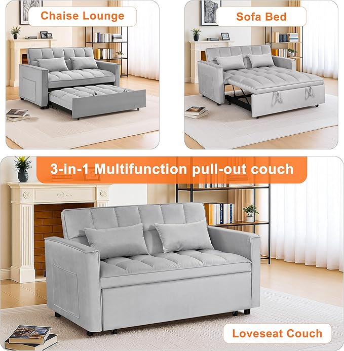 Sleeper Sofa Couch with Pullout Bed 54'' Velvet Futon Loveseat Sofa 3-in-1 Convertible Love Seat Couch for Living Room Apartment Chair Bed Sleeper for Adults (Gray)