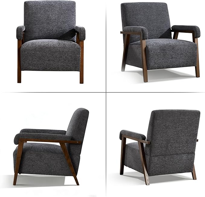 Mid Century Modern Accent Chair Upholstered Armchair with Thick Seat Cushion and Solid Wood Frame Thick and Comfy Innerspring Seat Cushion Short Plush Fabric Arm Chair for Living Room(2Dark Grey)