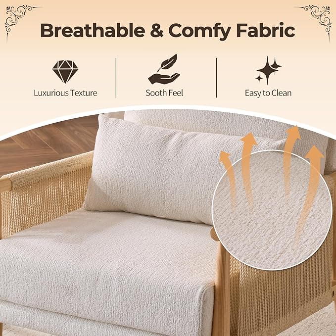 Karl home Cozy Chenille Accent Chair with Lumbar Pillow &amp Rattan Arms Modern Lounge Chair for Living Room Bedroom Reading Nook Beige