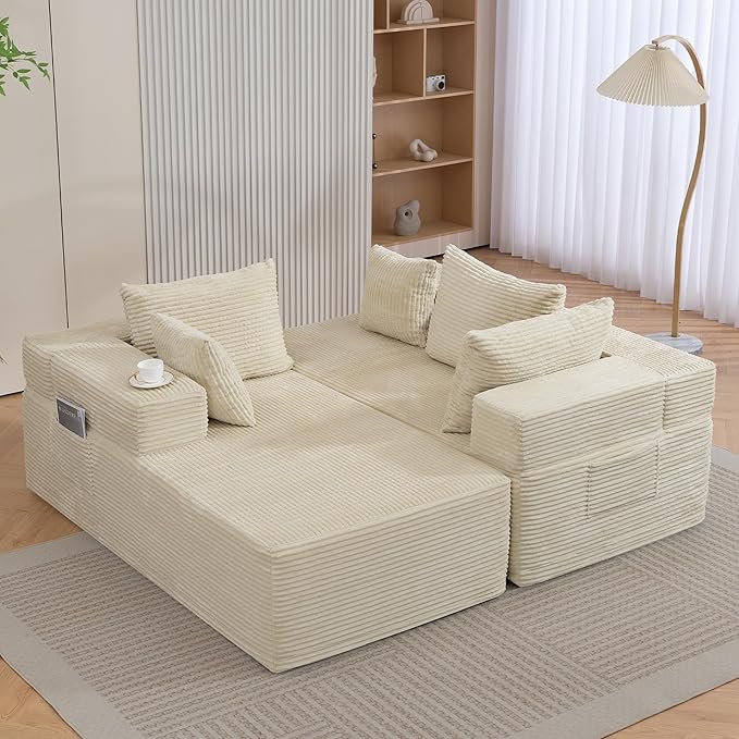 105'' Boneless Cloud Sectional Corduroy Sofa Couch Set for Living Room Bedroom Apartment Beige