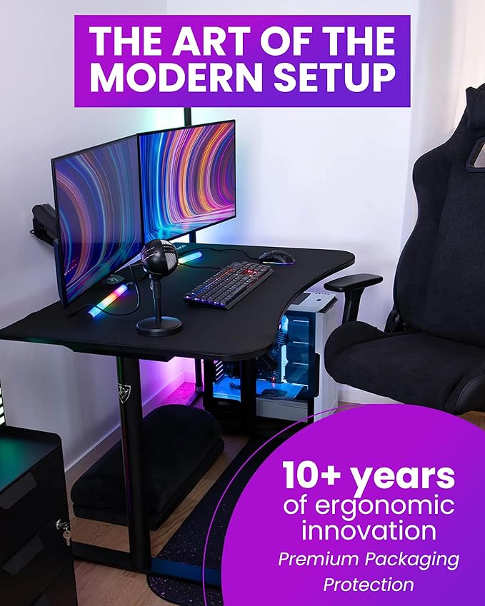 Arozzi Arena Small Pure Black Gamer Desk - 45x28” Steel Frame PC Gaming Desk with Storage for Cables &amp Dual-Monitor Support - Full-Surface Washable Mousepad - Pure Black
