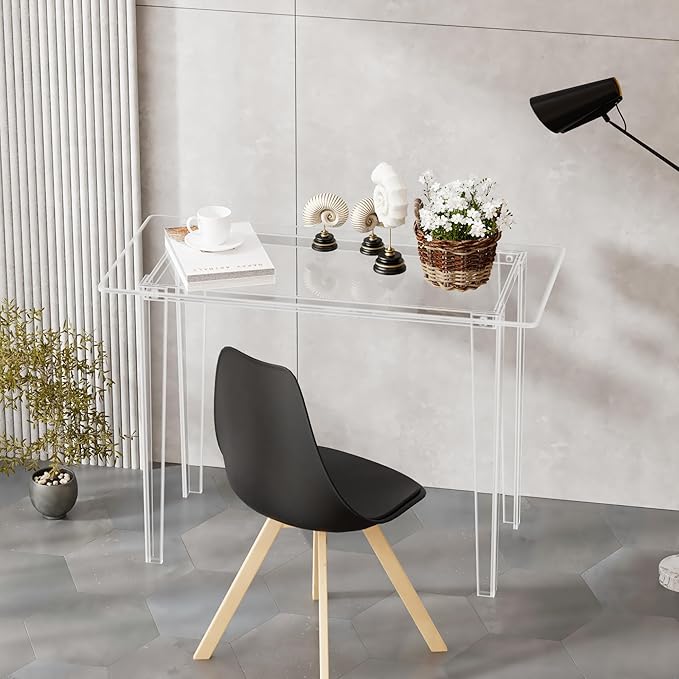 Acrylic Desk Acrylic Table &amp Clear Desk - Modern Home Office Study Table Extended Surface Multi-Purpose Console Sturdy Lightweight for Small Spaces Transparent Workstation (Transparent-M)