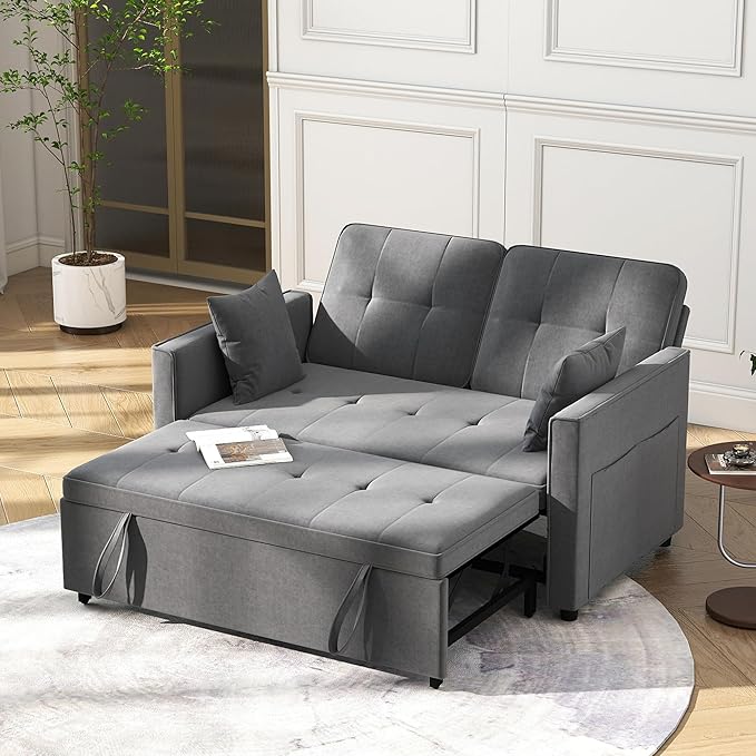 Loveseat Sleeper Sofa Bed Couch: Queen Sleeper Chair Pull Out Bed for Living Room Grey Velvet Couch Beds for Small Spaces 3 in 1 Convertible Sofa with Armrests