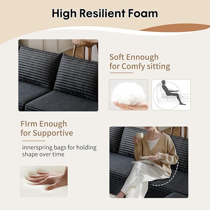 139.4 L Shaped Cloud Sectional Sofa for Living Room Plush Corduroy Cover Fluffy Memory Foam Cushions No Assembly Required Modular Chaise Lounge Oversized Comfortable Couches Set Black
