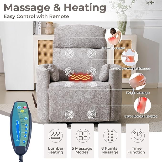 Oversized Swivel Rocker Recliner with Massage and Heat Rocker Nursery Recliner for Adults with Adjustable Headrest 26 Extra Wide Nursery Chair with 2 Pillows Light Grey