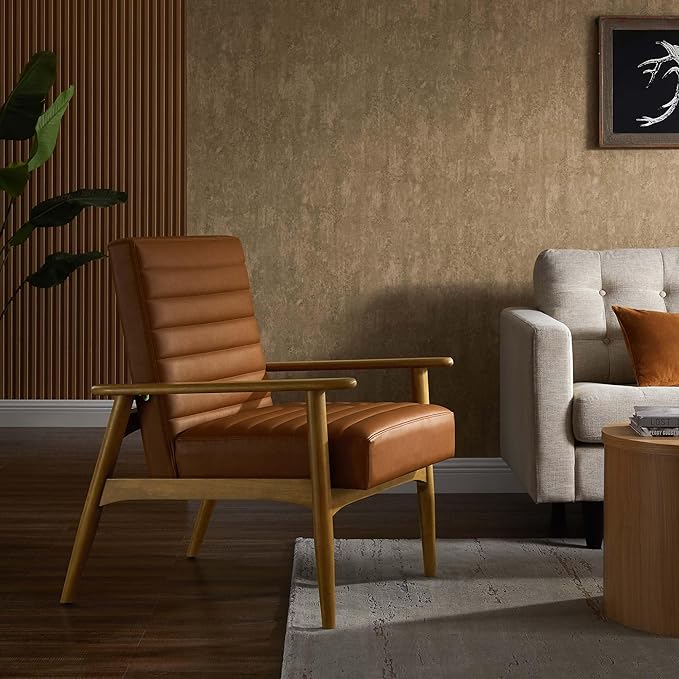 Modway Jensen Vegan Leather Accent Chair in French Oak Tan - Mid-Century Modern Armchair with Solid Wood Legs &amp Armrest - Upholstered Faux Leather Single Side Chair - Reading Chair for Living Room