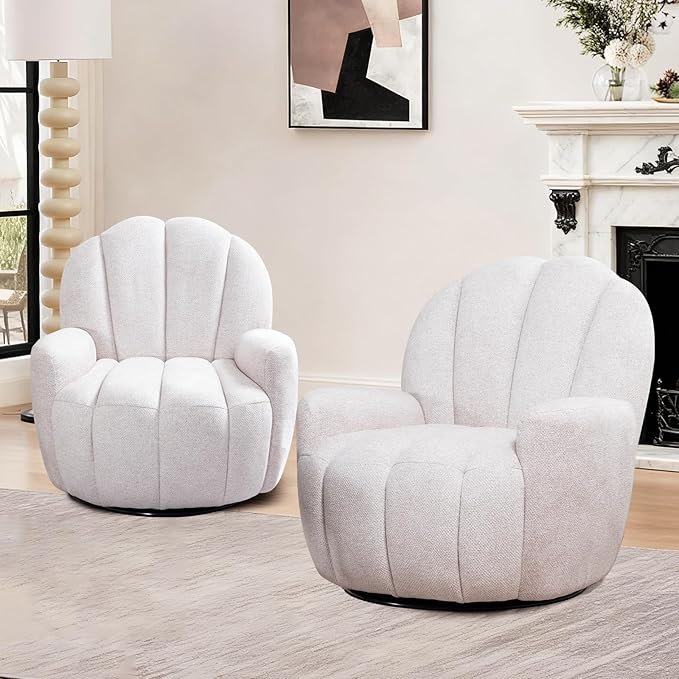 Mid Century Modern 360° Barrel Swivel Accent Sofa Chair Fluffy Cozy Linen Fabric Upholstery Lounge Upholstered Armchair Reading Chair Sturdy Base for Living Room Bedroom Office (Beige)