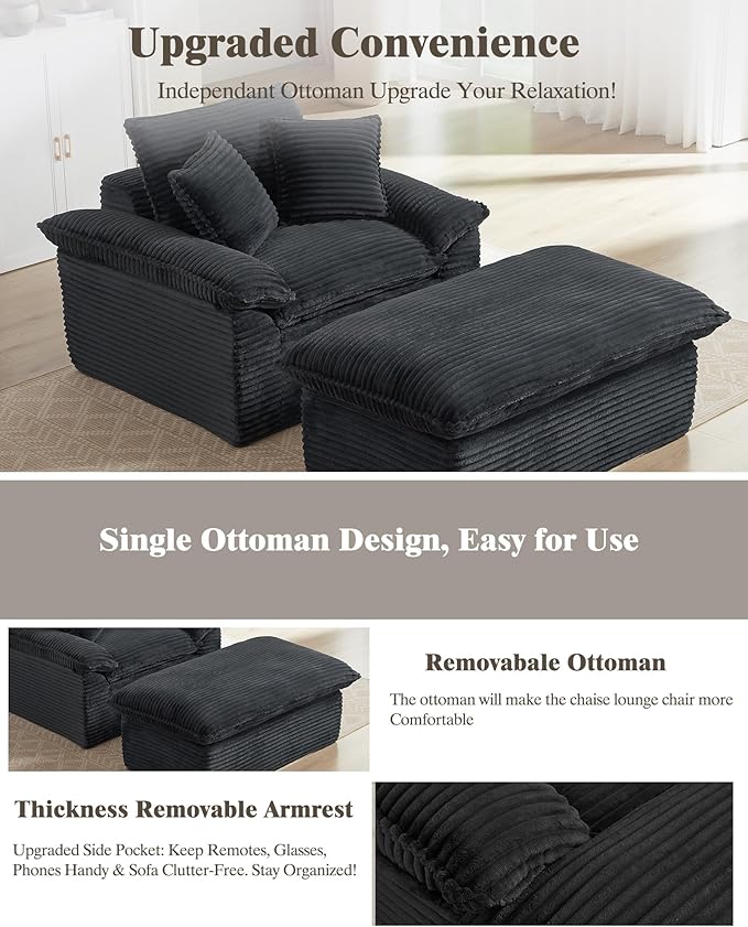 Oversized Chaise Lounge Chair Indoor Upholstered Corduroy Couch with 3 PillowsComfy Fluffy Cloud CouchSingle Sleeper Sofa Chair for Livingroom (Deep Gray + Ottoman 52W X 70.87D)